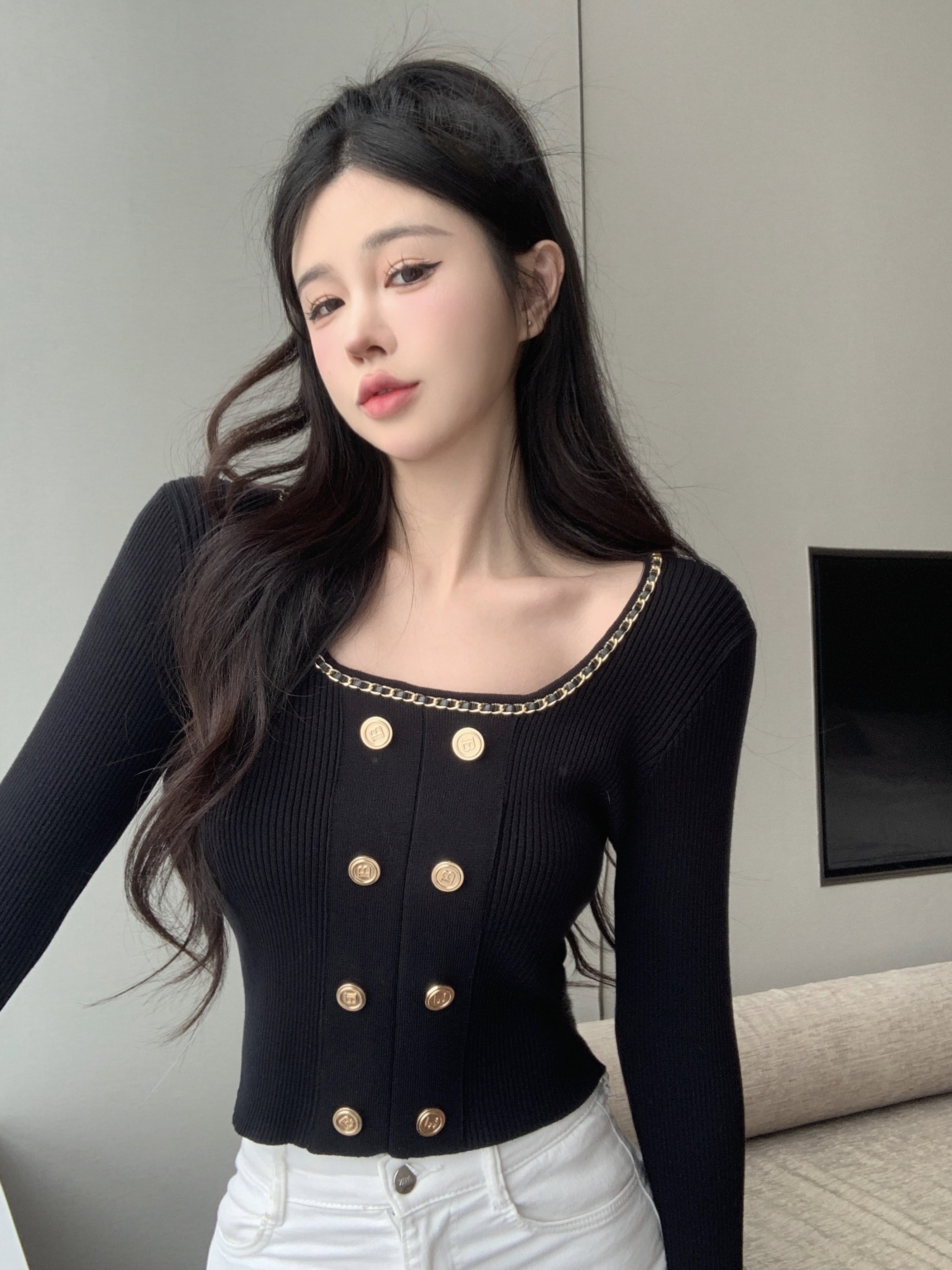實拍  小香風氣質復古鏈條方領設計感針織衫毛衣