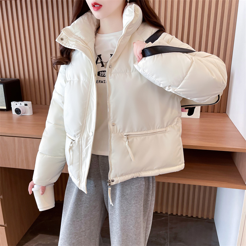 Actual shot of new winter Korean style loose stand-up collar color-blocked cotton coat short zipper cardigan jacket for women