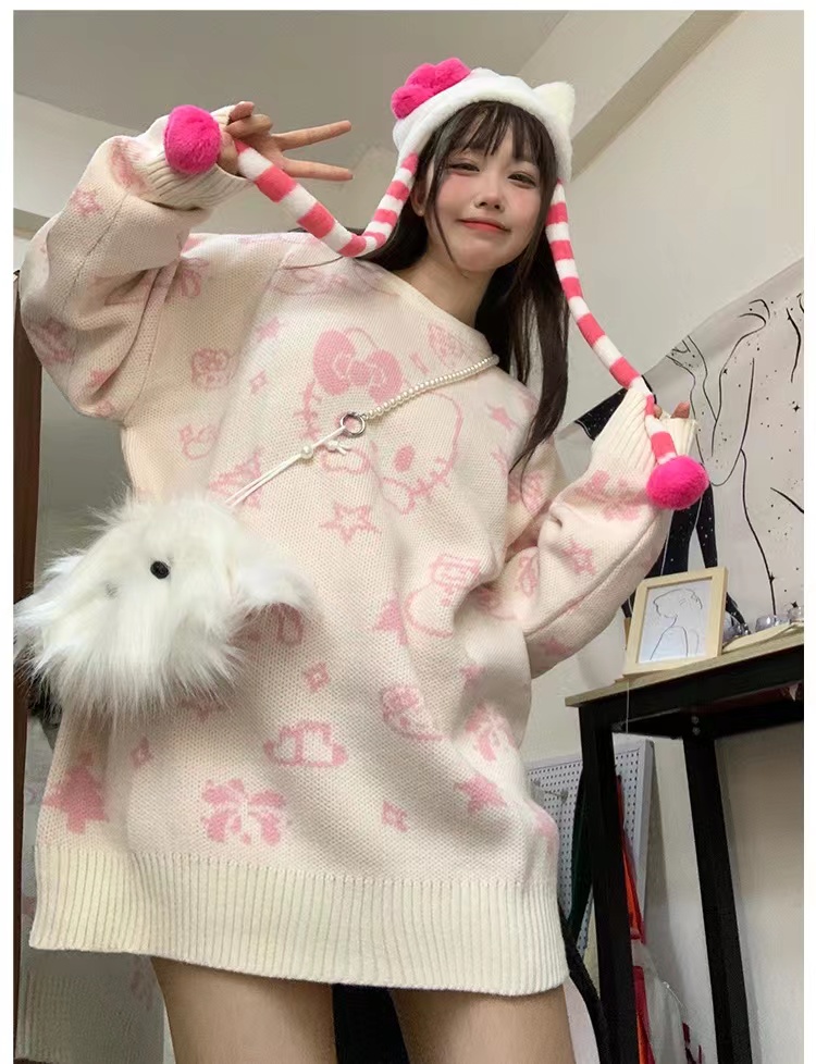 冬季甜美溫柔慵懶風卡通凱蒂貓圓領毛衣寬鬆顯瘦針織上衣
