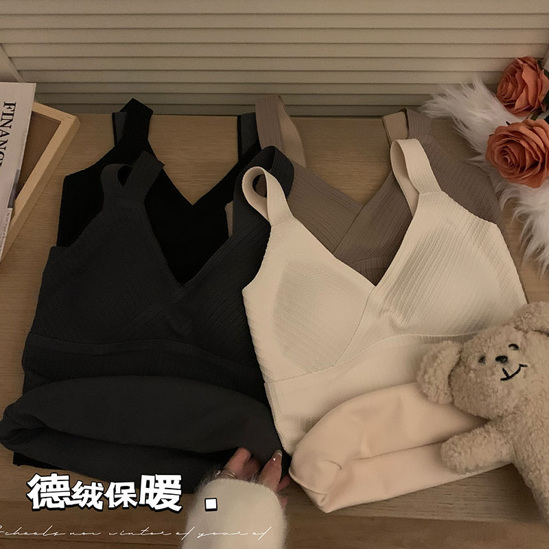 實拍 秋冬德絨無痕加厚保暖吊帶麥穗花紋修身顯瘦帶胸墊上衣
