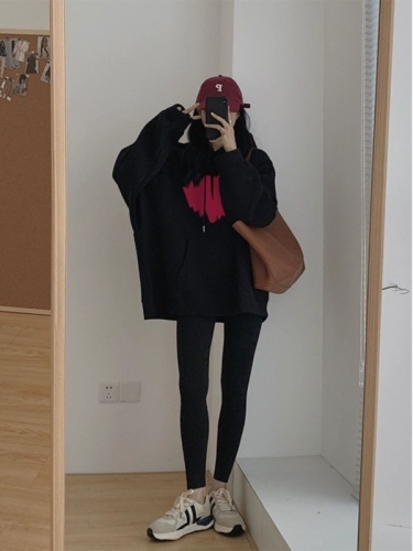 Love printed hooded sweatshirt for women 2023 autumn and winter new style velvet thickened loose casual jacket mid-length top