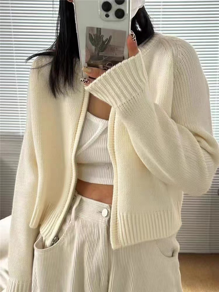 2023 new spring and autumn lazy style high-end orange zipper short short sweater for women knitted cardigan jacket