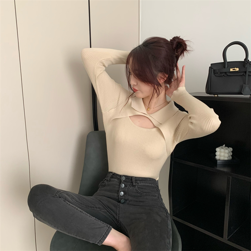 Actual shot of the new Korean style sexy small machine hollow design pullover long-sleeved sweater top
