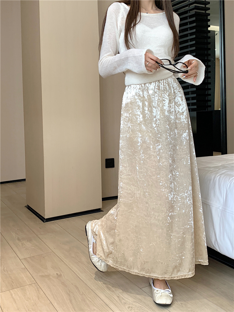 Retro gold velvet skirt for women 23 autumn and winter new high-waisted, slim and versatile a-line long skirt for small people