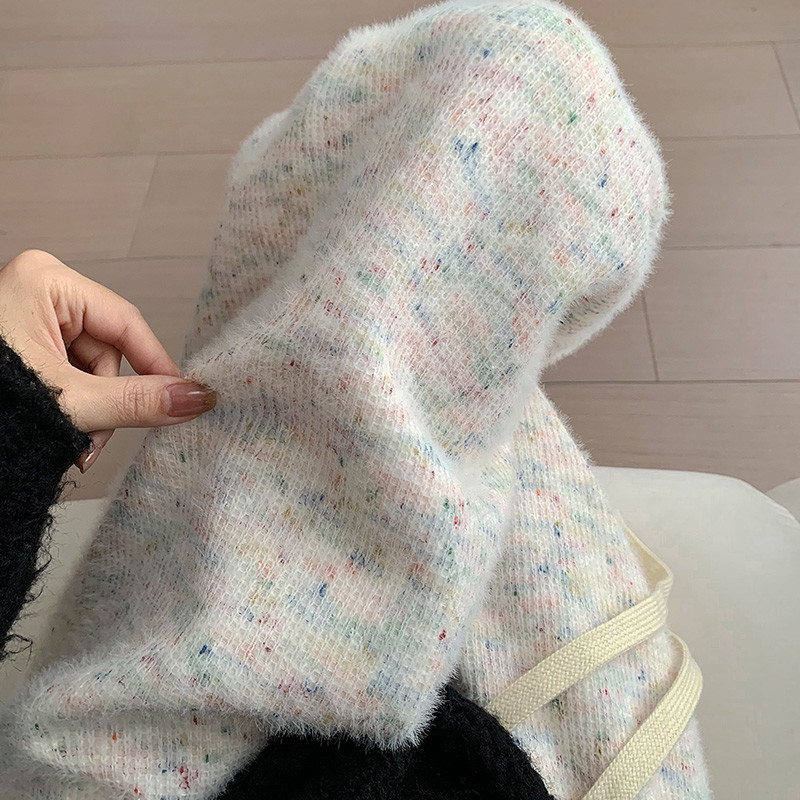 彩虹針織加厚闊腿褲女秋冬新款高腰休閒直筒水貂毛軟糯米點點長褲