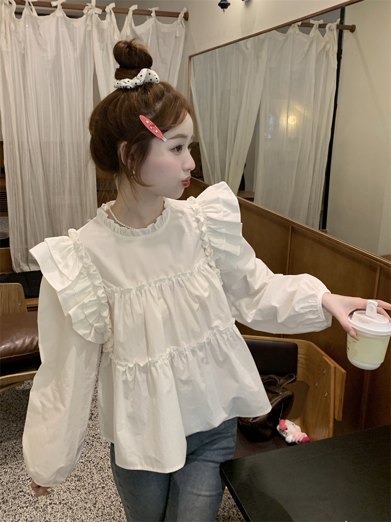 Sweet and fresh ruffled flying sleeve shirt for women autumn 2023 new loose and versatile design long-sleeved top