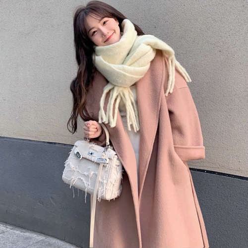 呢子大衣女学院风韩系2023冬季粉色小众气质毛呢外套高级感小个子