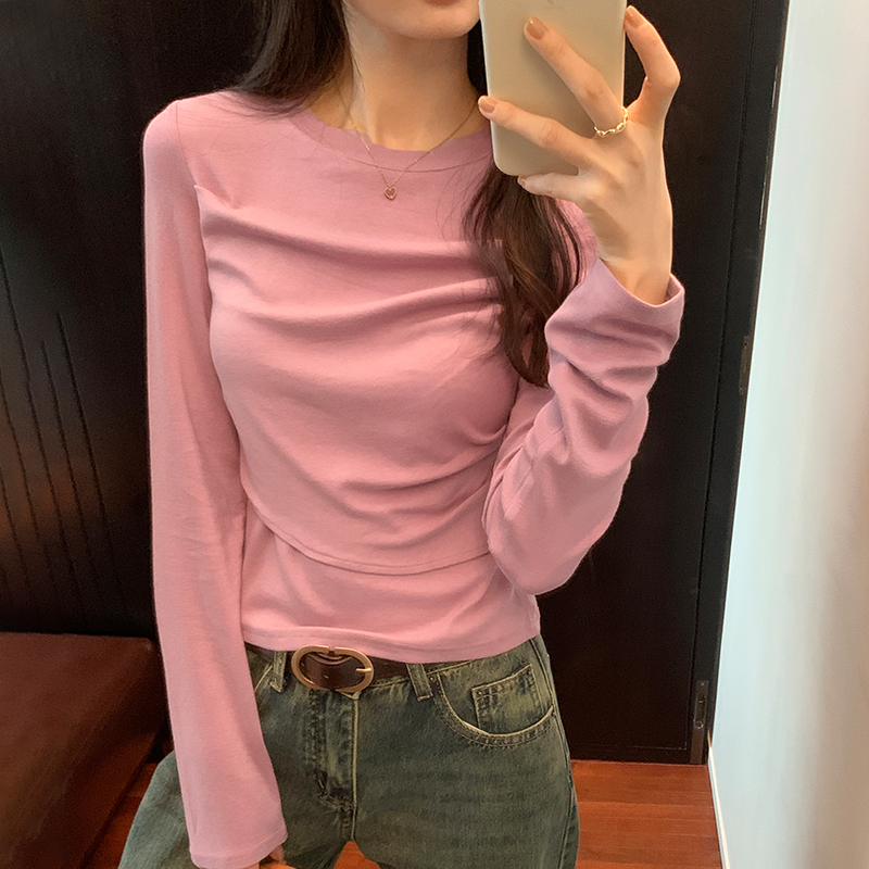 Actual pictures niche pleated long-sleeved T-shirt women's autumn and winter 2023 new fake two-piece round neck bottoming shirt short top