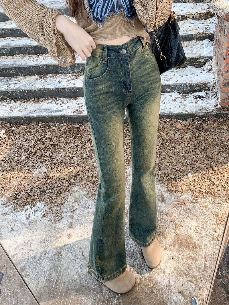 實拍~美式辣妹復古牛仔褲子水洗做舊微喇褲顯瘦修身牛仔褲女