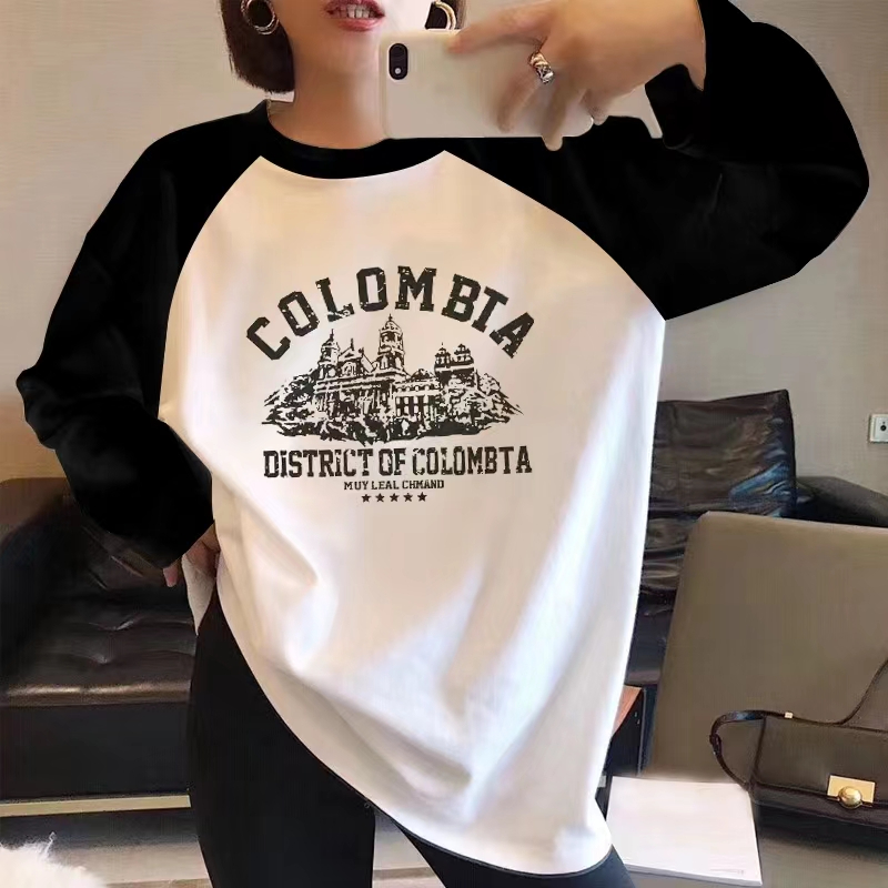春秋季新款純棉長袖t恤女設計感小眾上衣撞色寬鬆減齡打底衫
