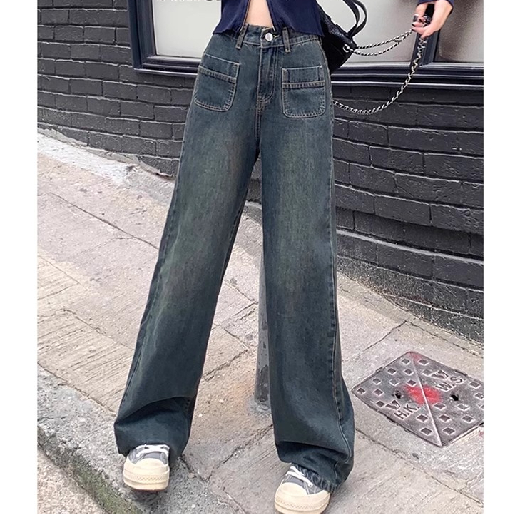 復古直筒牛仔褲女春秋新款設計感口袋窄版小個子闊腿垂感拖地褲潮