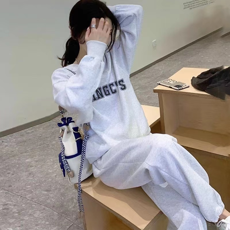 女士加絨穿搭寬鬆休閒時尚套裝運動長袖衛衣束腳褲印花兩件套潮