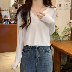 Women's V-neck Plain Color Base Shirt, Spring, Autumn, Winter New Long Sleeve T-shirt, Loose and Versatile Lock Bone Top, European and American Style