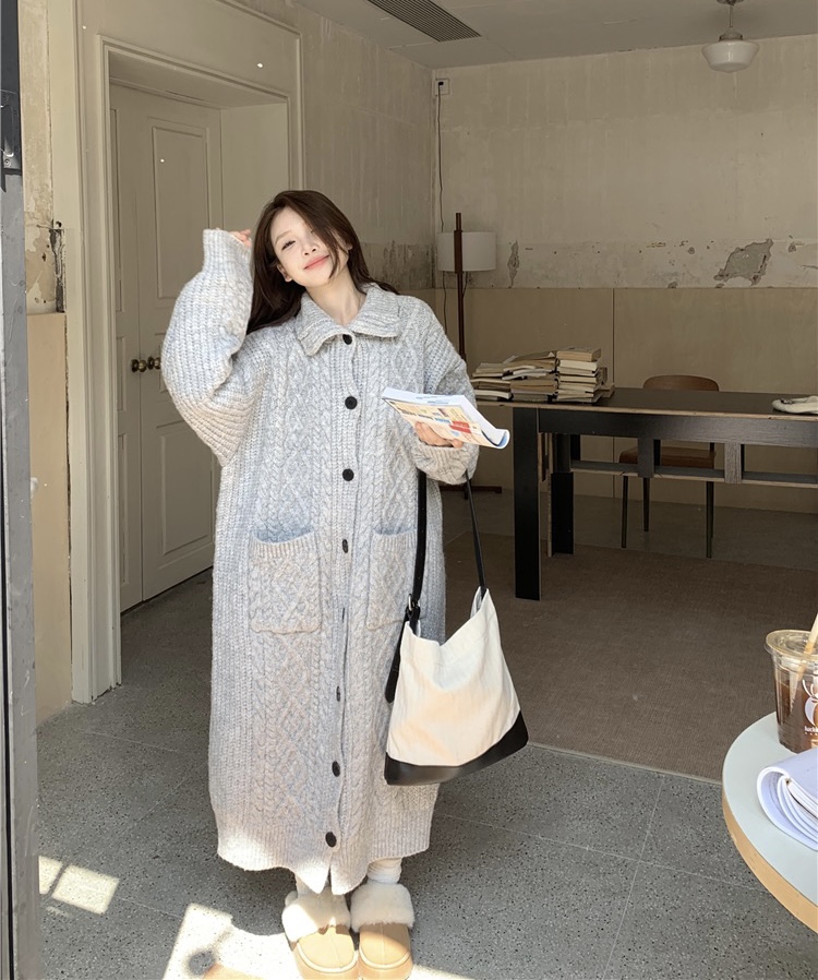 實拍~大碼女裝慵懶過膝開衫毛衣裙女寬鬆長款針織衫外套百搭
