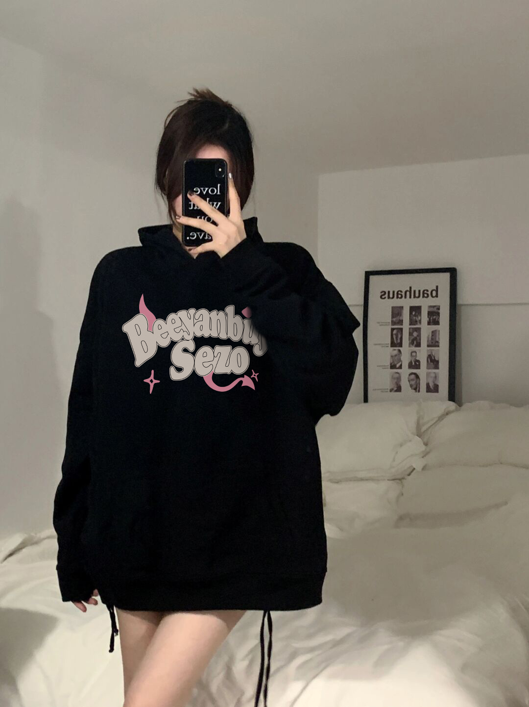 高級感超好看黑色連帽衛衣女2023新款秋季美式oversize上衣潮