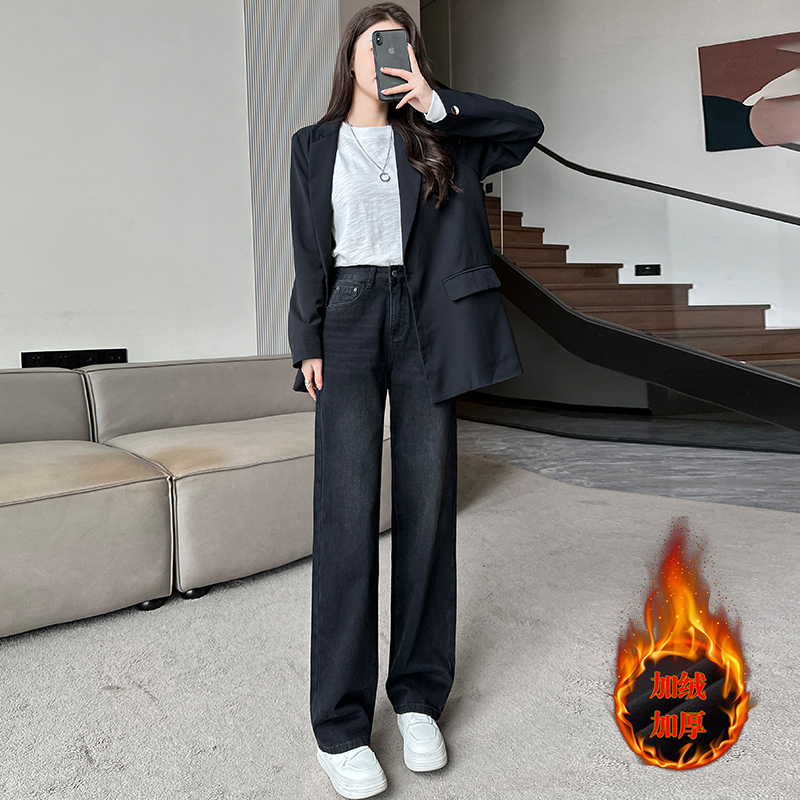 實拍2023秋冬季時尚牛仔褲女高腰顯瘦直筒闊腿拖地褲