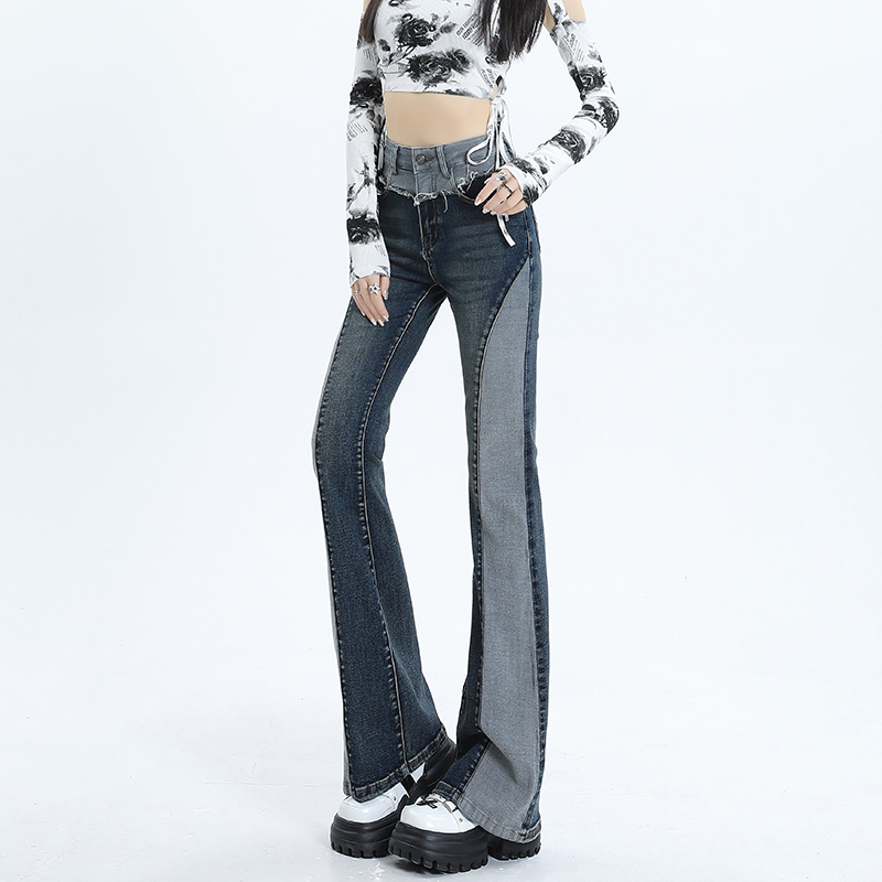 實拍2023秋季時尚潮流高腰修身微喇美式復古牛仔褲女