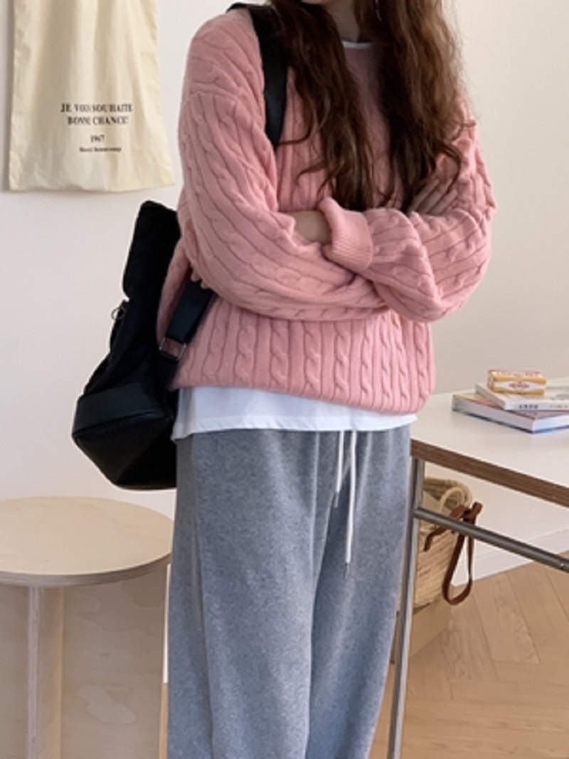 自製行走的氣質風韓國慵懶感麻花圓領套頭毛衣百搭微寬鬆多色針織