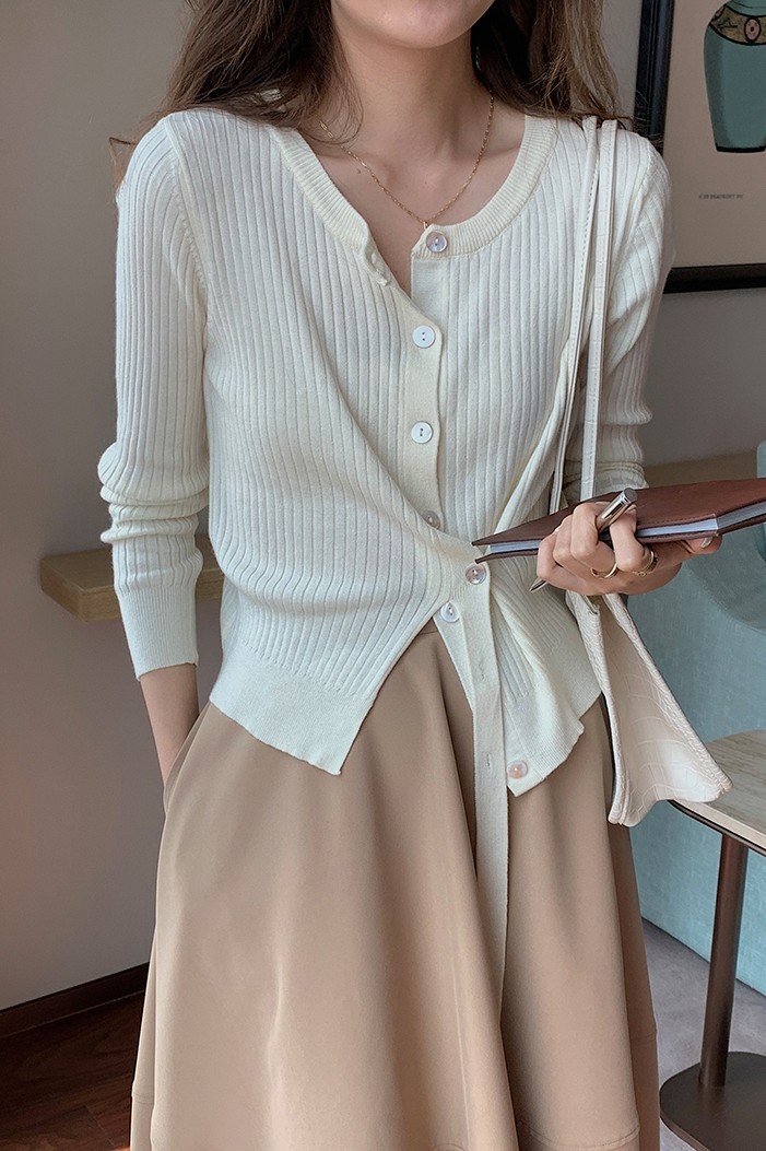 Knitted cardigan French round neck women's design long-sleeved top slim fit waltz