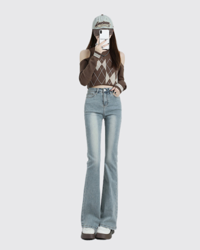 Women's Light Color Mini Bell Bottom Jeans  Autumn/Winter New Korean Style High-Waisted Tapered Elastic Pants