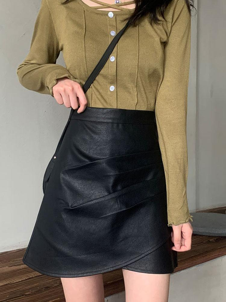 不規則褶皺pu皮裙半身裙女春秋新款時尚高腰顯瘦休閒a字包臀短裙