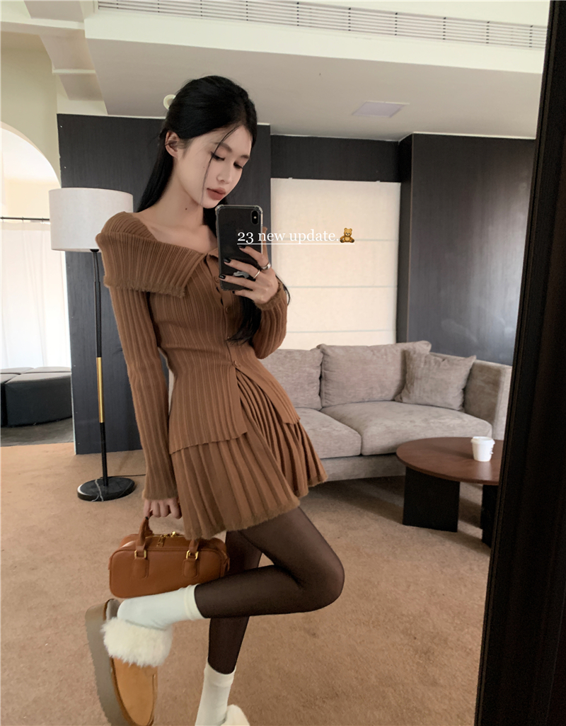 Actual shot of pure lust style fashionable women's long-sleeved knitted cardigan high-waisted skirt two-piece set