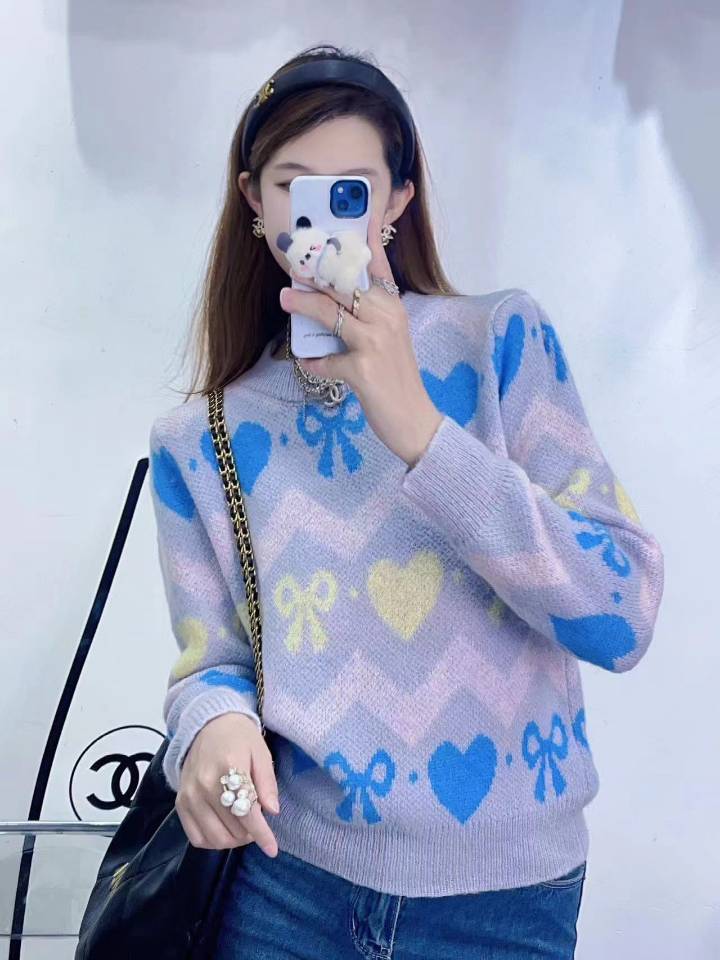 設計感愛心蝴蝶結提花撞色圓領馬海毛針織衫百搭套頭毛衣女秋冬