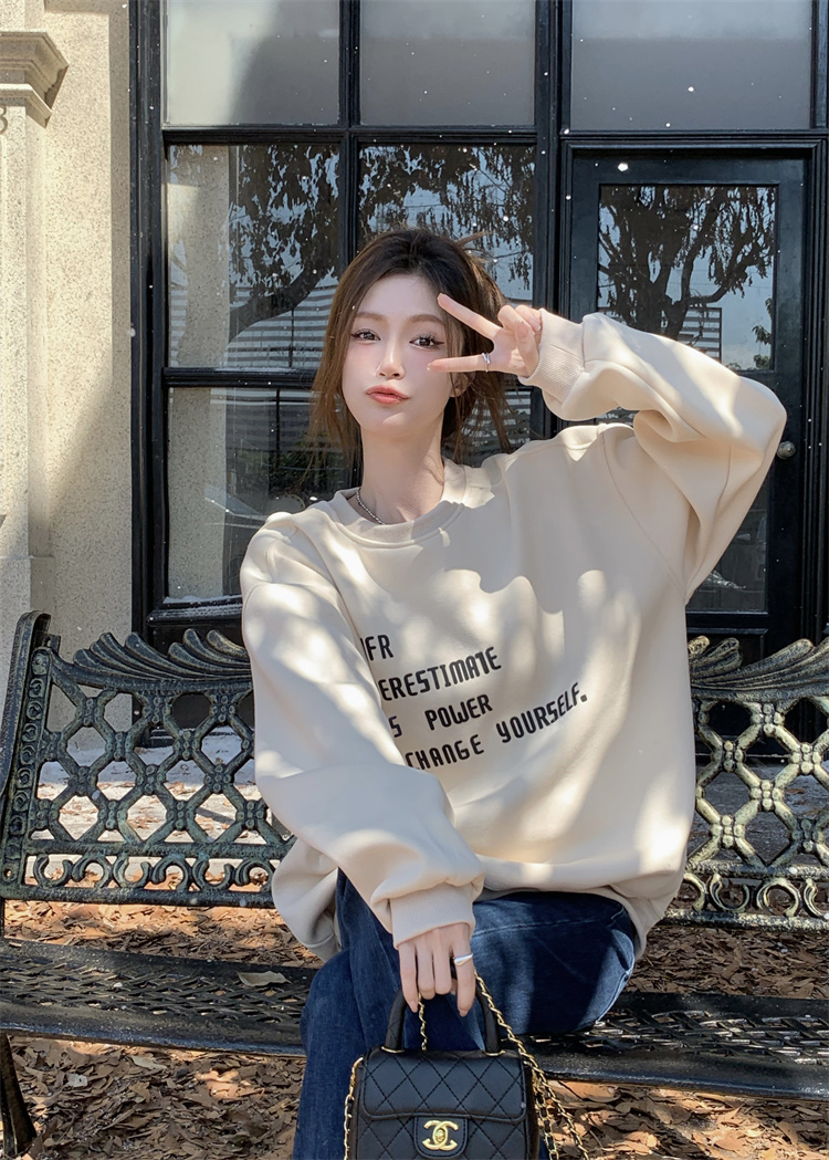 加絨加厚 慵懶風衛衣女新款秋冬字母印花圓領寬鬆顯瘦長袖上衣