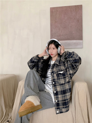 Actual shot~Large size women's American retro plaid wool all-match lapel loose jacket long-sleeved coat for women
