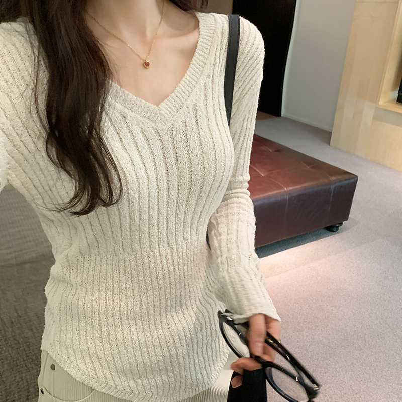 實拍圖慵懶風長袖秋衣女外穿寬鬆套頭v領春秋T恤針織衫百搭上衣