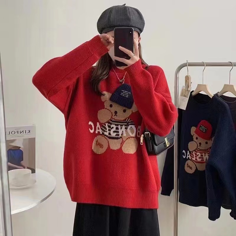東大門 設計感小眾小熊毛衣女秋厚款bf慵懶風新款韓版寬鬆上衣潮