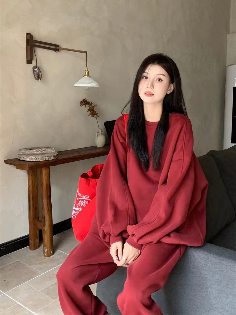 華棉複合牛奶絲官方慵懶風套裝女長袖衛衣休閒束腳褲