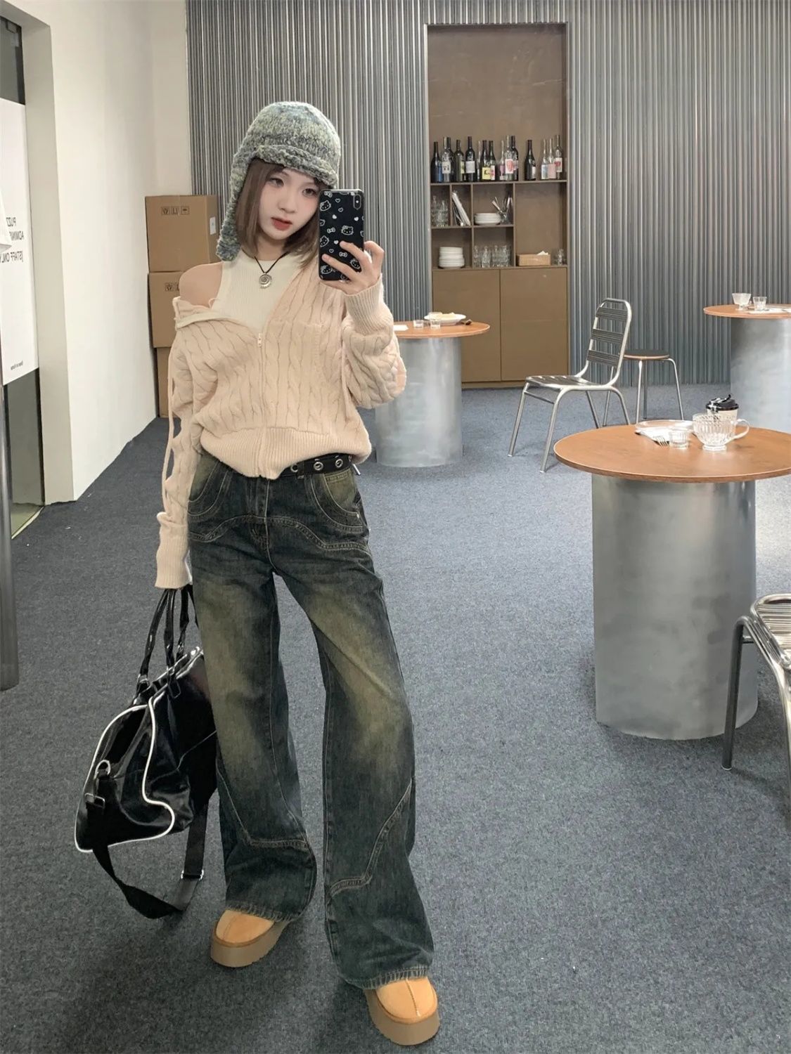 美式復古高腰闊腿牛仔褲女秋季2023新款寬鬆顯瘦遮胯直筒拖地褲子