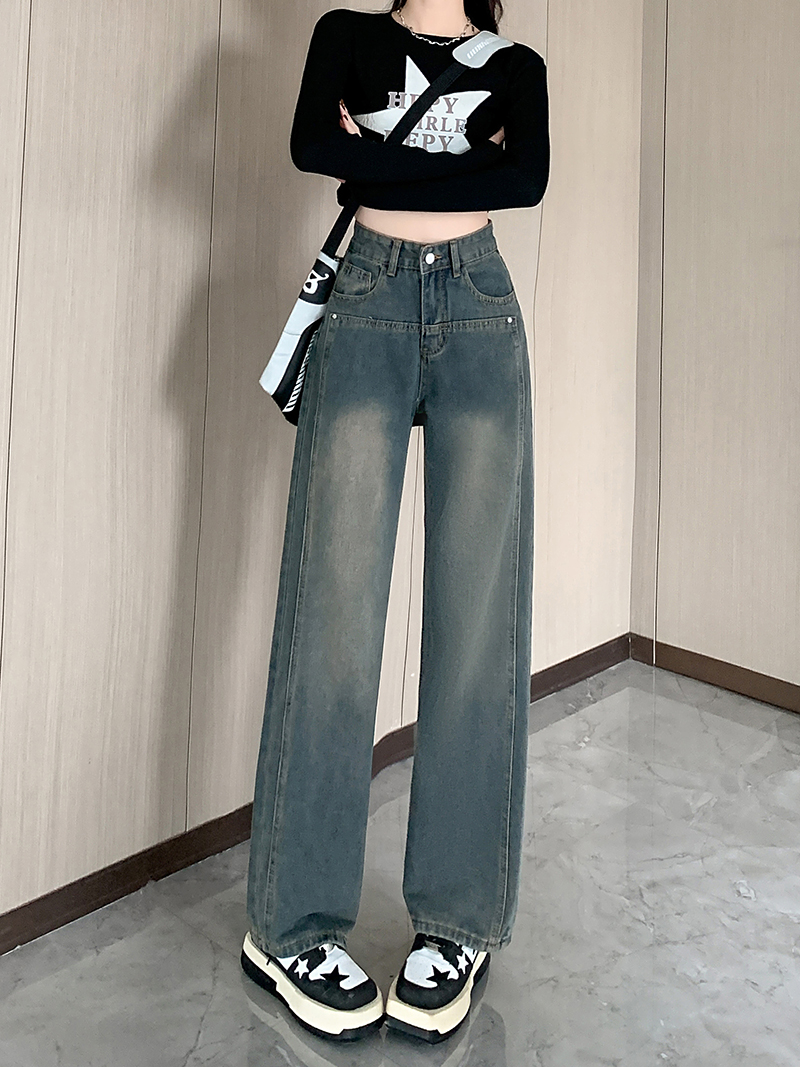 實拍~復古做舊牛仔褲女2023秋季新款韓版高腰闊腿牛仔長褲潮