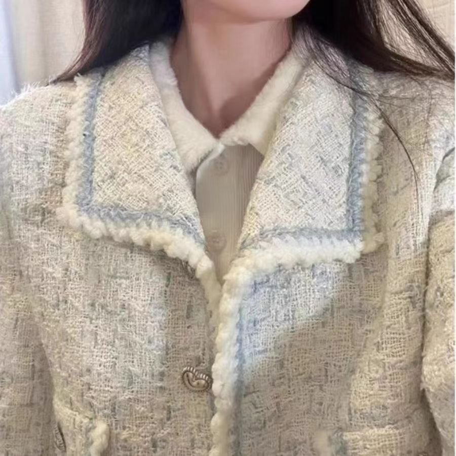 小香風翻領愛心紐扣外套女2023秋季新款法式時尚氣質百搭短款上衣