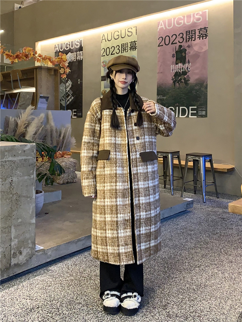 實拍 格子外套女復古撞色百搭夾棉加厚中長款過膝呢子大衣