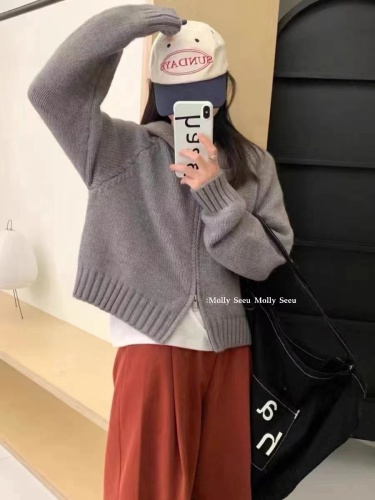 Lazy style solid color double zipper hooded sweater jacket for women autumn and winter new loose thickened knitted cardigan top