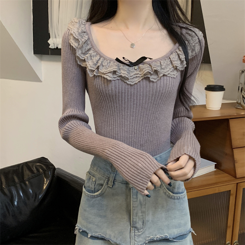 Real shot of autumn and winter new style lace collar sweater tops and design bottoming shirts