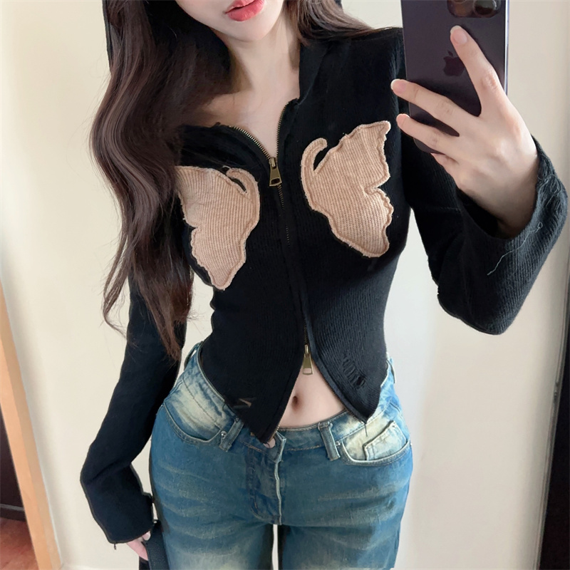實拍~辣妹蝴蝶開衫毛女衣女設計感撞色磨破修身連帽針織衫