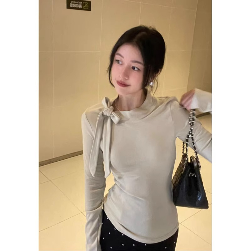 德絨秋冬季半高領系帶蝴蝶結設計感打底衫ins女潮