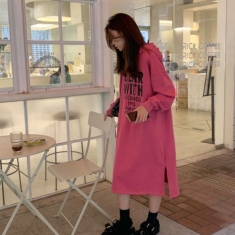 長款過膝衛衣裙秋冬連帽衛衣裙女寬鬆加絨加厚長款過膝連衣裙外套