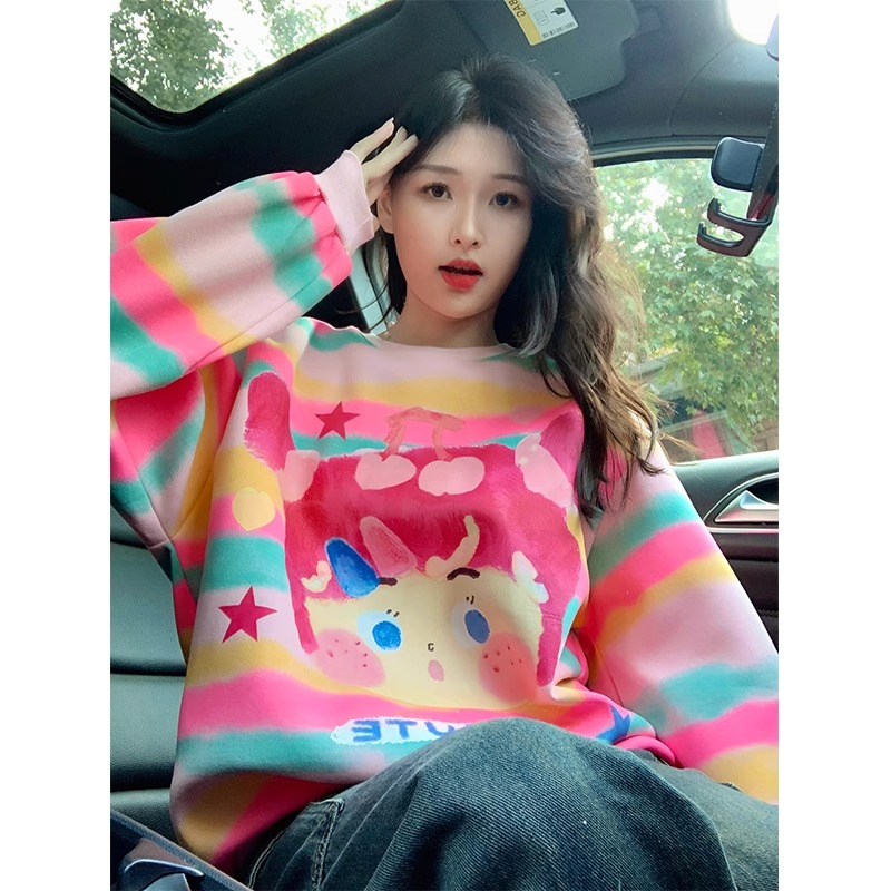 原版做工條紋加絨衛衣女秋冬洋氣減齡卡通設計感小個子慵懶上衣