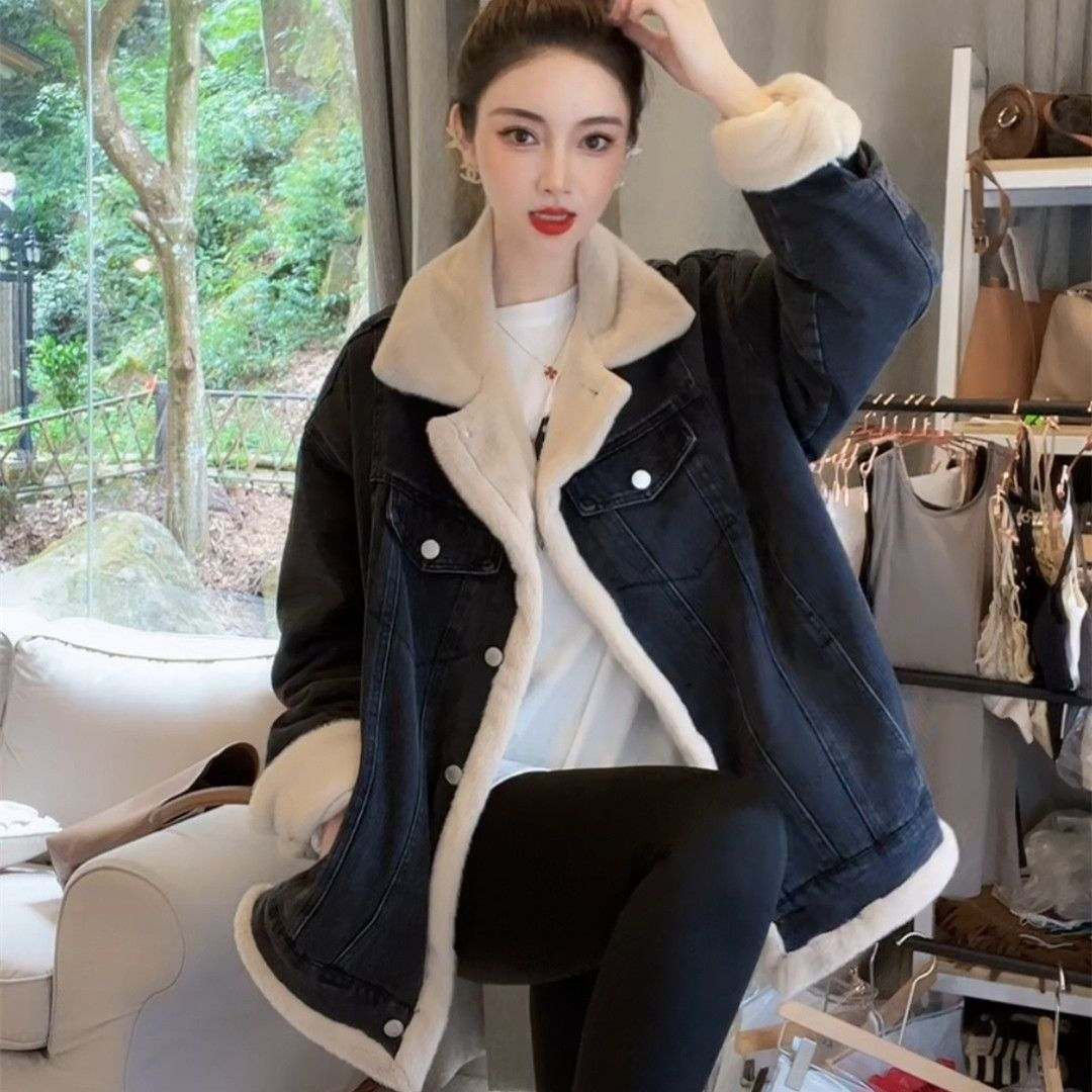 Dongdaemun reversible velvet denim cotton jacket for women 2023 winter retro casual thickened windproof jacket