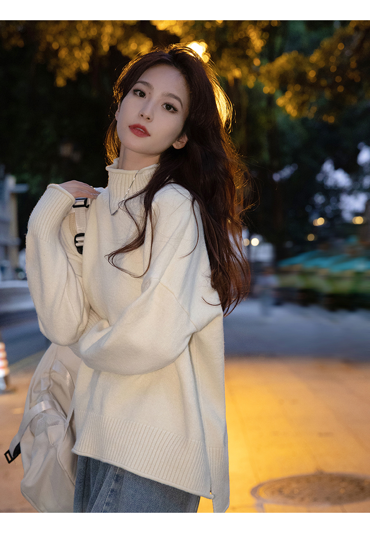 楊泡泡 杏色卷邊高領純色毛衣女2023冬季新款寬鬆韓版慵懶風針織