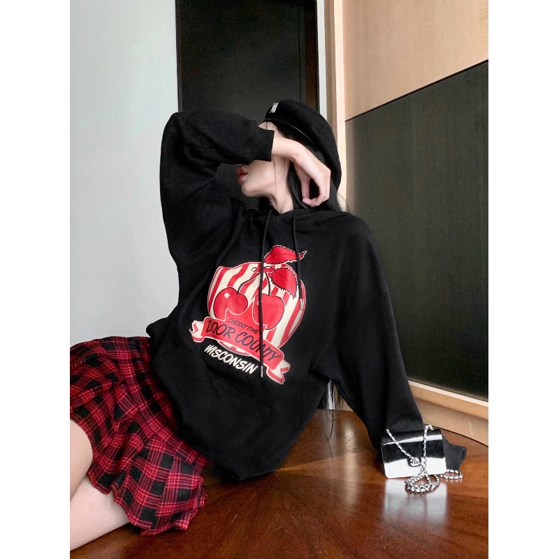 韓系簡約櫻桃字母印花連帽衛衣女秋冬季寬鬆百搭慵懶風ins上衣服