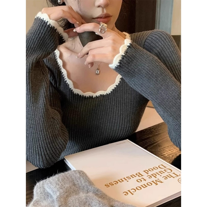 Xiaoxiangfeng fungus square collar bottoming sweater for women autumn and winter slim cashmere sweater with pure desire top