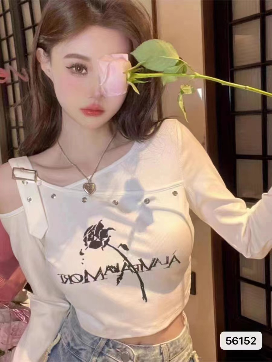 純欲風不規則露肩長袖T恤女獨特别致甜酷辣妹高腰短款設計感上衣