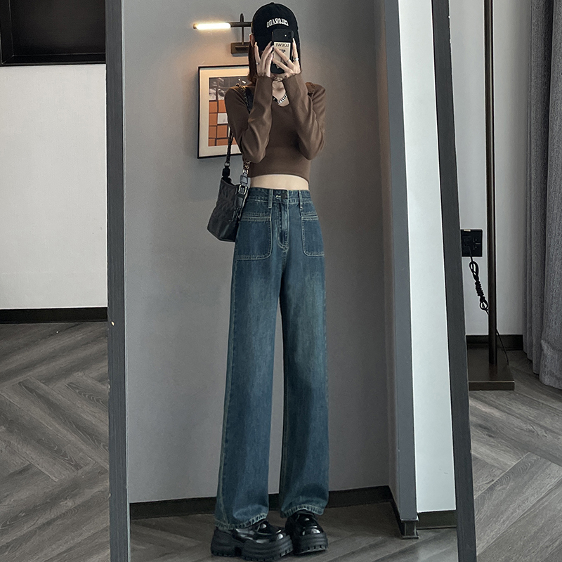 實拍2023秋季時尚加絨新款牛仔褲女顯瘦闊腿直筒九分褲