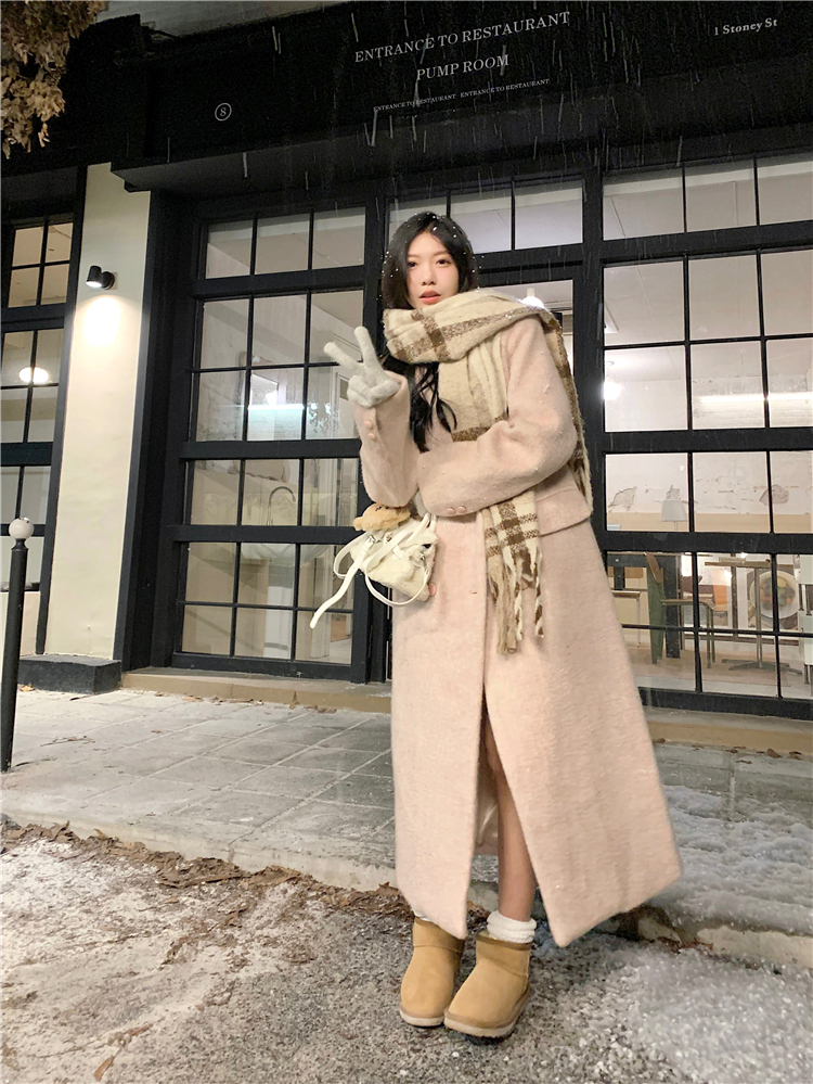 實拍~大碼女裝韓版設計感甜美氣質淺色西裝領長款毛呢外套