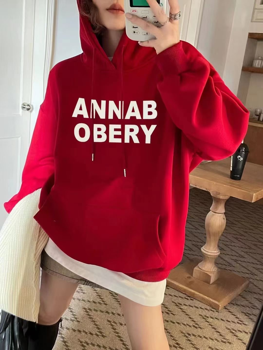 Thirteen lines of American letters printed hooded sweatshirt for women Korean style loose velvet thickened jacket 2023 autumn and winter